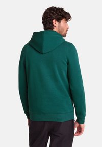 Green hoodie with a lined hood, ribbed cuffs and hem. Made from soft material, featuring a relaxed fit and minimalistic design.