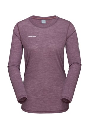 Maglietta tecnica da donna a maniche lunghe viola melange con scollo a giro, logo "Mammut" sul petto ed emblema sulla manica sinistra.