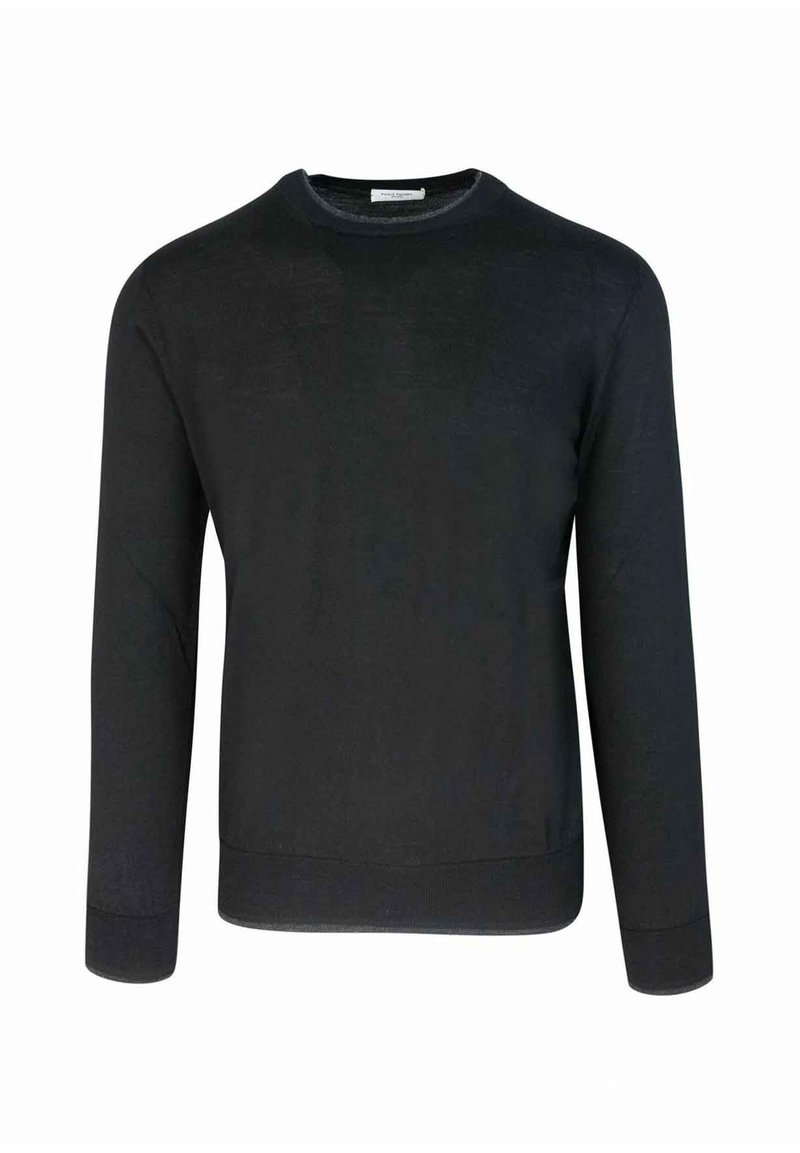 Maglione pullover nero realizzato in tessuto morbido, con scollo rotondo, maniche lunghe e polsini e orlo a costine. Design semplice e senza cuciture.