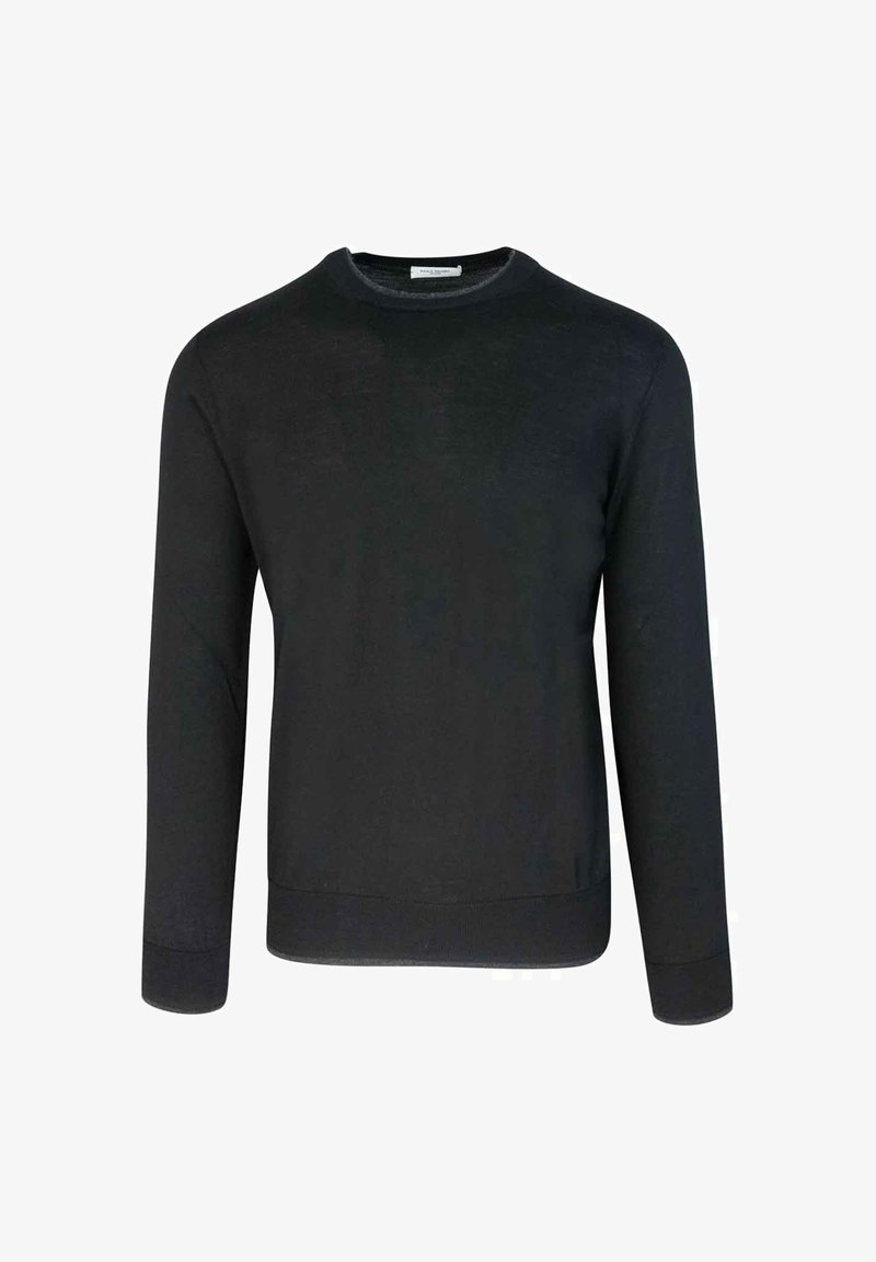 Maglione pullover nero realizzato in tessuto morbido, con scollo rotondo, maniche lunghe e polsini e orlo a costine. Design semplice e senza cuciture.
