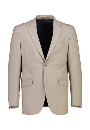 Beiger, einreihiger Herrenblazer mit gekerbtem Revers, zwei vorderen Pattentaschen, einer Brusttasche und schwarzem Innenfutter.