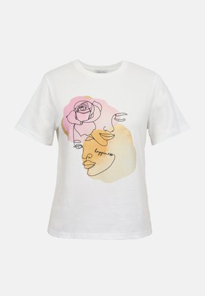 Λευκό κοντομάνικο t-shirt με αφηρημένη γραμμική τέχνη που απεικονίζει επικαλυπτόμενα πρόσωπα, ένα τριαντάφυλλο, παστέλ ροζ και πορτοκαλί σχήματα και τη λέξη «ευτυχία» στην πρόσοψη.