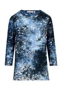 Blue and black long-sleeve top, featuring a floral pattern, round neckline, and a textured fabric with varying shades of blue.