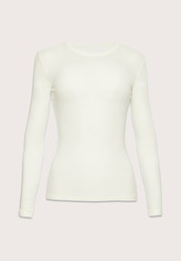 Jasno kremowa koszula z długim rękawem o dopasowanym kroju, okrągłym dekolcie i miękkiej fakturze, z kontrastowym wykończeniem na brzegach.