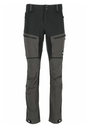 Herren Outdoor-Hosen, schwarz mit grauen Einsätzen, aus strapazierfähigem Stoff. Ausgestattet mit Reißverschlusstaschen und verstellbaren Säumen mit Metallbeschlägen.