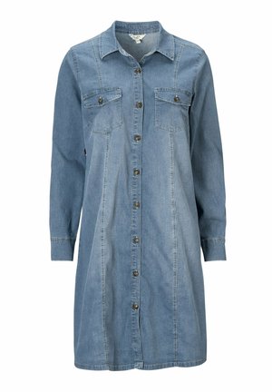 Helles Jeanshemdkleid mit durchgehender Knopfleiste, zwei Brusttaschen, langen Ärmeln und klassischem Kragen. Glatte Textur.