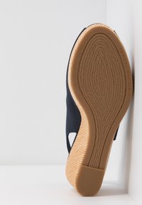 Semelle d’une sandale compensée marine avec une semelle extérieure en caoutchouc beige texturé et un talon compensé tissé rayé appuyée contre un mur blanc.