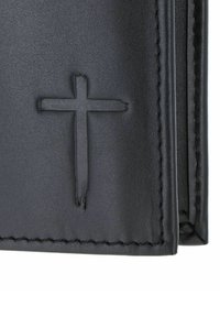 Black leather wallet with a textured surface, featuring an embossed cross design. Clean edges and visible stitching detail.