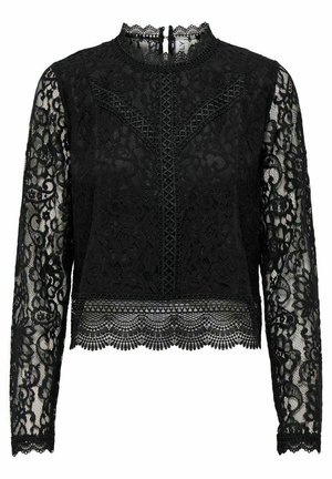 Black lace long-sleeve top featuring a high neck, intricate floral patterns, scalloped hem, and a back button closure.