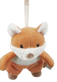 Soft orange fox toy with white accents, corduroy texture, striped shirt, and a hanging loop. Features stitched facial details and small paws.
