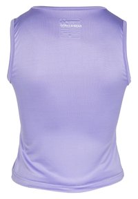 Paarse mouwloze sporttop gemaakt van een zachte stof, met een ronde hals en een klein logo-label aan de achterkant.