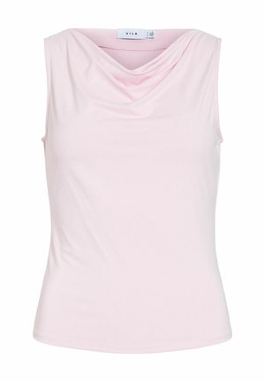 Ermeløs lys rosa topp med drapert halslinning og innsvingt midje, laget av mykt, glatt stoff.