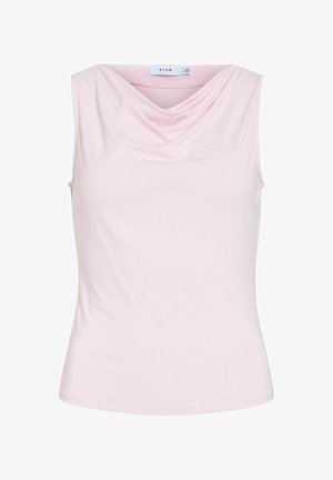 Ermeløs lys rosa topp med drapert halslinning og innsvingt midje, laget av mykt, glatt stoff.