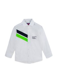 Camicia bianca a maniche lunghe con un design a blocchi di colore caratterizzata da strisce nere, blu navy e verde neon, e un logo ricamato sulla tasca.