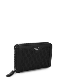 Black leather wallet with a patterned exterior, silver zipper, and a brand emblem on the front. Compact and rectangular with textured accents.