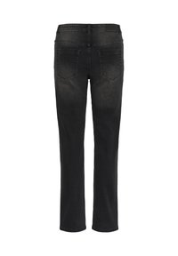 Jean noir à jambes droites avec deux poches arrière et une taille mi-haute, vu de dos sur un fond blanc.