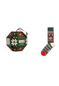 Scatola esagonale verde con motivo di fiocchi di neve rossi e bianchi, dotata di manico a nastro; accanto, una calza a motivo verde e rosso.