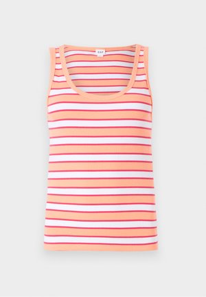 Striped tank top featuring horizontal stripes in shades of peach, red, and white. Made from ribbed fabric with a scoop neckline and sleeveless design.