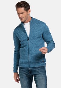 Blauwe vest met rits en een ruitpatroon, textuurstof, geribbelde manchetten en zoom, gedragen over een wit shirt, gecombineerd met een blauwe spijkerbroek.