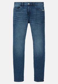 Jean slim en denim bleu foncé avec bouton et fermeture éclair à l'avant, design à cinq poches, et légère décoloration sur les cuisses et les genoux.