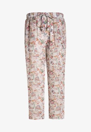 Pantalones beige claro con cordón, delicado estampado floral multicolor y cintura elástica, diseño de pierna cónica.