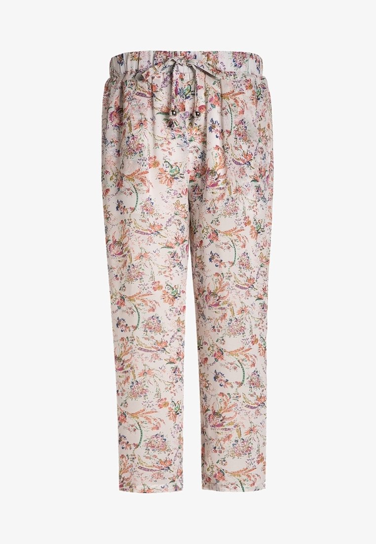 Pantalon beige clair à cordon avec imprimé floral délicat multicolore et taille élastique, coupe fuselée.