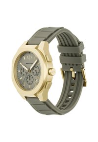 Złoty zegarek Armani Exchange z szarym cyferblatem, chronografem, okienkiem daty oraz dopasowanym szarym paskiem silikonu z zapięciem na klamrę.