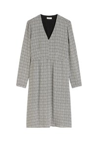 Schwarz-weiße gemusterte Kleid mit V-Ausschnitt, langen Ärmeln und taillierter Taille. Der Stoff hat eine feine Textur und ein geometrisches Design.