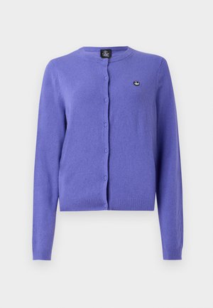 Purple cardigan made of soft fabric, featuring a round neckline, long sleeves, and front buttons. Includes a small logo on the chest.