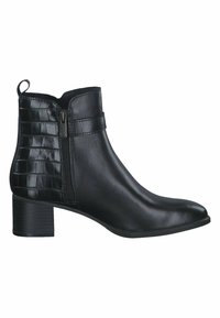 Stivale alla caviglia in pelle nera con motivo testurizzato a coccodrillo sul lato, chiusura con zip e un modestissimo tacco a blocco. Design con punta appuntita.