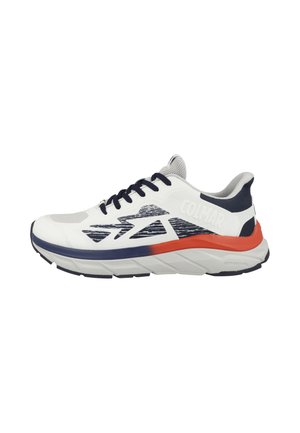 Biało-granatowy sportowy sneaker z czarnymi sznurowadłami, pomarańczowym paskiem na podeszwie, siateczkową cholewką i logo "COLMAR" po boku.