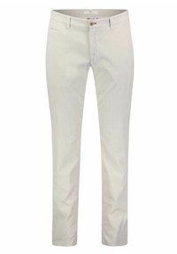 Pantalon en coton de couleur claire avec une coupe slim, présentant un motif à rayures subtil, des poches latérales et une fermeture par bouton.