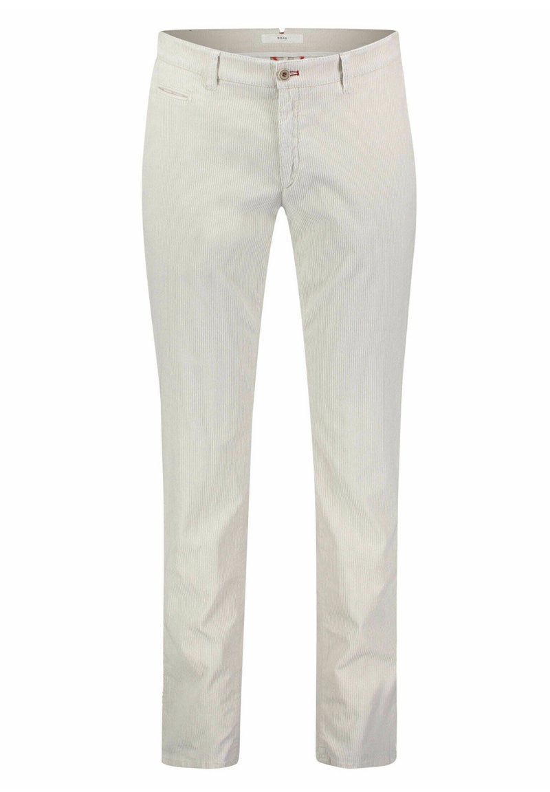 Pantalon en coton de couleur claire avec une coupe slim, présentant un motif à rayures subtil, des poches latérales et une fermeture par bouton.