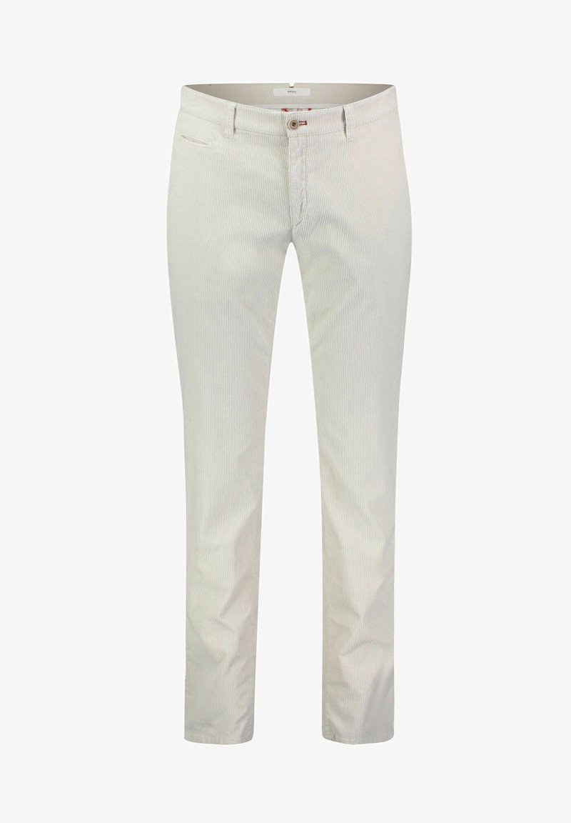 Pantalon en coton de couleur claire avec une coupe slim, présentant un motif à rayures subtil, des poches latérales et une fermeture par bouton.