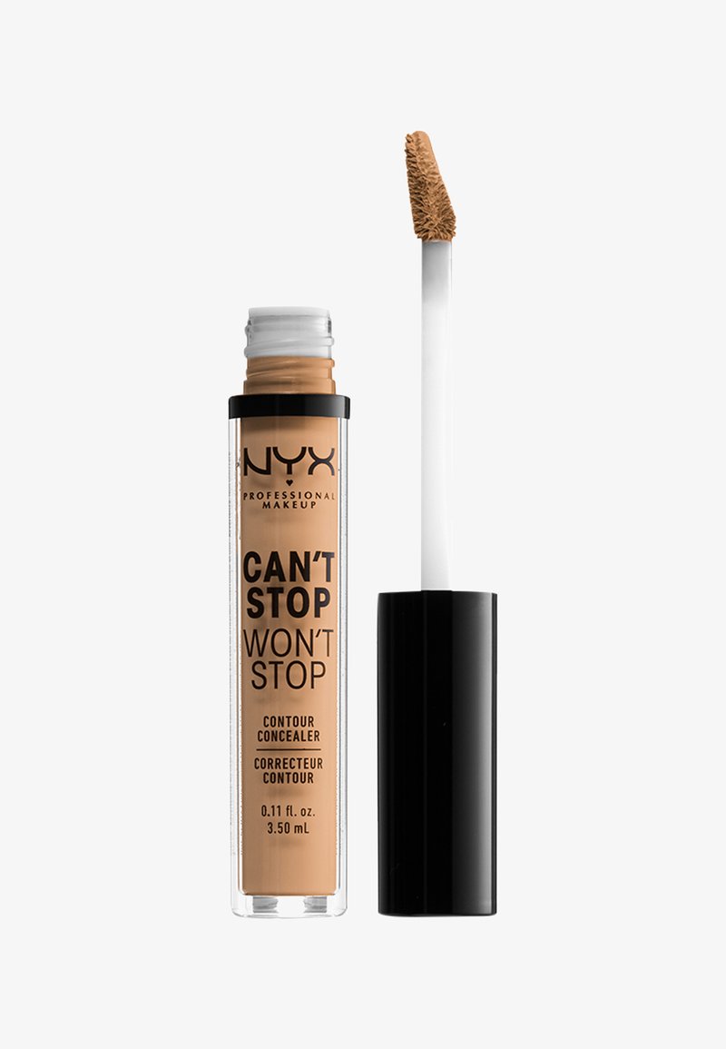 Il correttore contornante NYX Can't Stop Won't Stop in un tubo trasparente presenta un liquido beige con un applicatore morbido, un cappuccio nero e testo stampato.