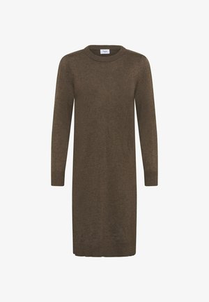 Braun gestricktes Kleid mit langen Ärmeln, rundem Halsausschnitt und gerippten Bündchen. Glatte Textur, knielanges Design. Keine sichtbaren Muster oder Akzente.