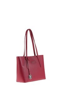Borsa tote in pelle rossa con superficie a pallini, dotata di doppie maniglie e un pendente decorativo. Presenta un design minimalista e apertura superiore per una facile accessibilità.