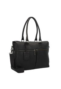 Bolso de mano de piel negra con dos asas superiores, correa de hombro ajustable, bolsillos con cremallera en la parte delantera y un acabado sutilmente texturizado.