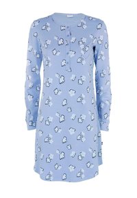 Abito azzurro chiaro a maniche lunghe con una chiusura a bottoni, scollatura rotonda e un motivo floreale in tonalità di blu scuro e bianco.