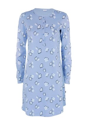 Abito azzurro chiaro a maniche lunghe con una chiusura a bottoni, scollatura rotonda e un motivo floreale in tonalità di blu scuro e bianco.