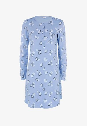 Abito azzurro chiaro a maniche lunghe con una chiusura a bottoni, scollatura rotonda e un motivo floreale in tonalità di blu scuro e bianco.