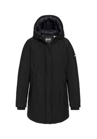 Zwarte winterjas met capuchon en gevoerde voering, voorkant met rits verborgen onder klep, zijzakken en logo-opdruk op de linkermouw.