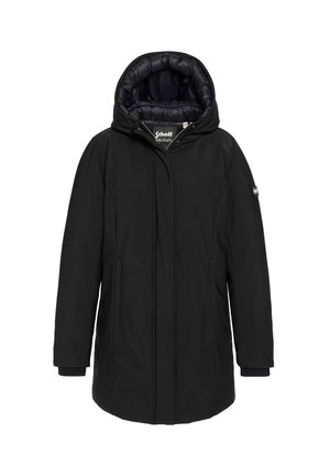 Zwarte winterjas met capuchon en gevoerde voering, voorkant met rits verborgen onder klep, zijzakken en logo-opdruk op de linkermouw.