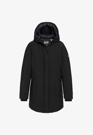 Zwarte winterjas met capuchon en gevoerde voering, voorkant met rits verborgen onder klep, zijzakken en logo-opdruk op de linkermouw.