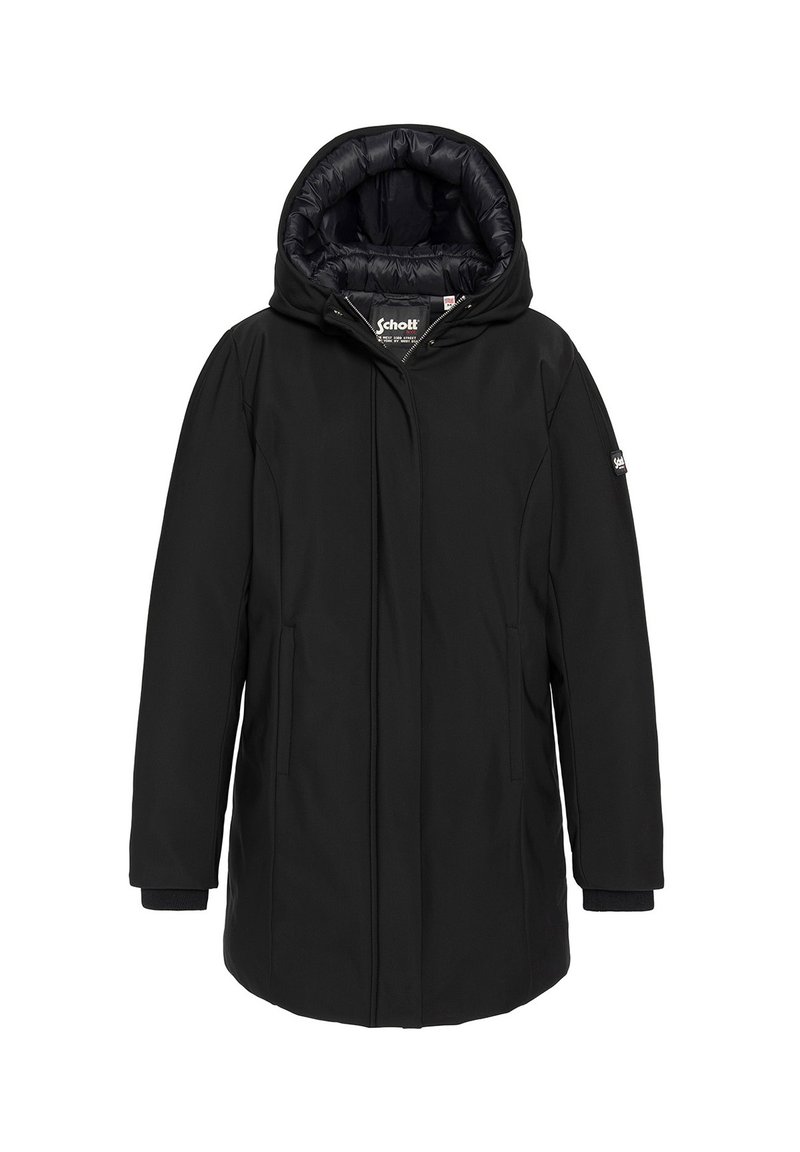 Zwarte winterjas met capuchon en gevoerde voering, voorkant met rits verborgen onder klep, zijzakken en logo-opdruk op de linkermouw.