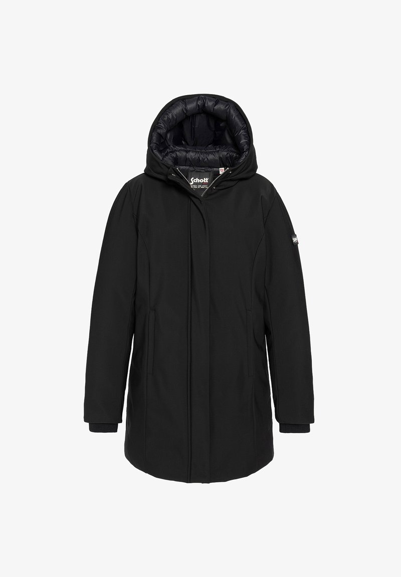 Czarny zimowy płaszcz z kapturem, z wyściółką wypełnioną, z przodu zamek błyskawiczny ukryty pod klapą, boczne kieszenie i naszywka z logo na lewej rękawie.