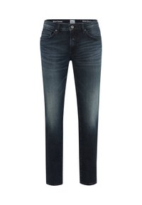 Jeans da uomo slim-fit blu scuro con leggero sbiadimento sulle cosce, stile a cinque tasche, chiusura con bottoni e passanti per cintura.
