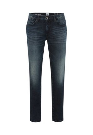 Donkerblauwe slim-fit heren jeans met lichte vervaging op de dijen, vijf zakken, knoopsluiting en riemlussen.