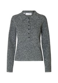 Grå stickad pullover med krage, med knäppning fram och långa ärmar. Texturen är mjuk med en vanlig passform.