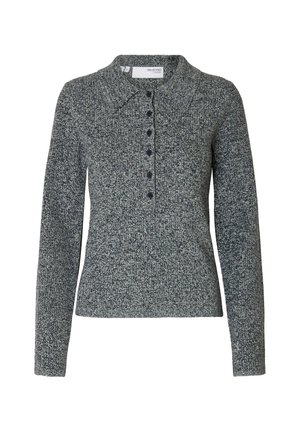 Pullover grigio a maglia con collo a camicia, dotato di una fila di bottoni e maniche lunghe. La texture è morbida e presenta una vestibilità regolare.